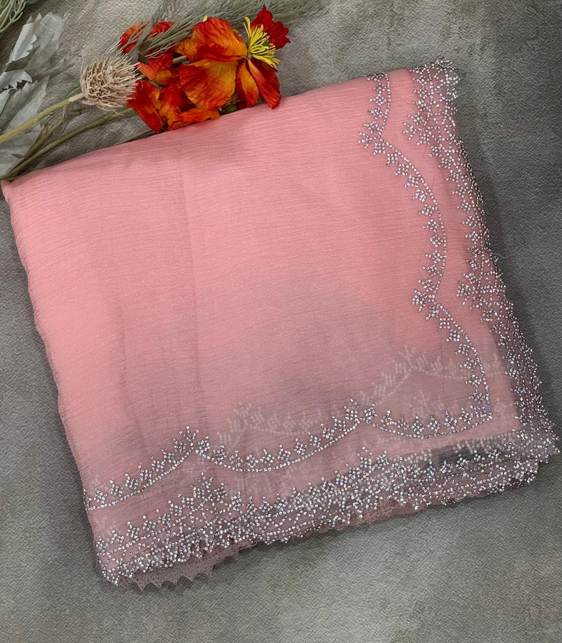 Baby pink crush stone scallop party wear saree