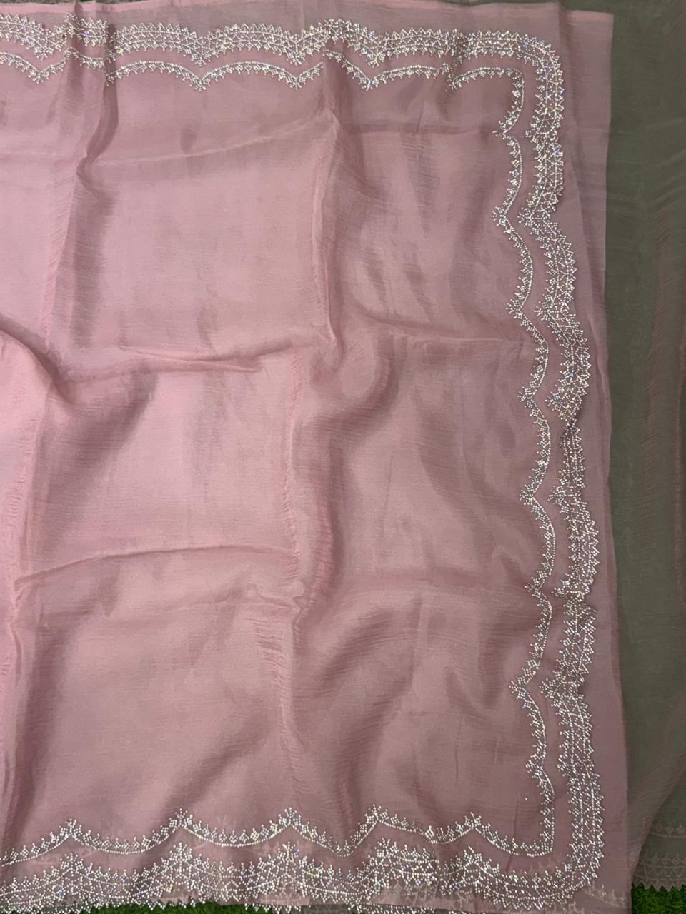 Baby pink crush stone scallop party wear saree