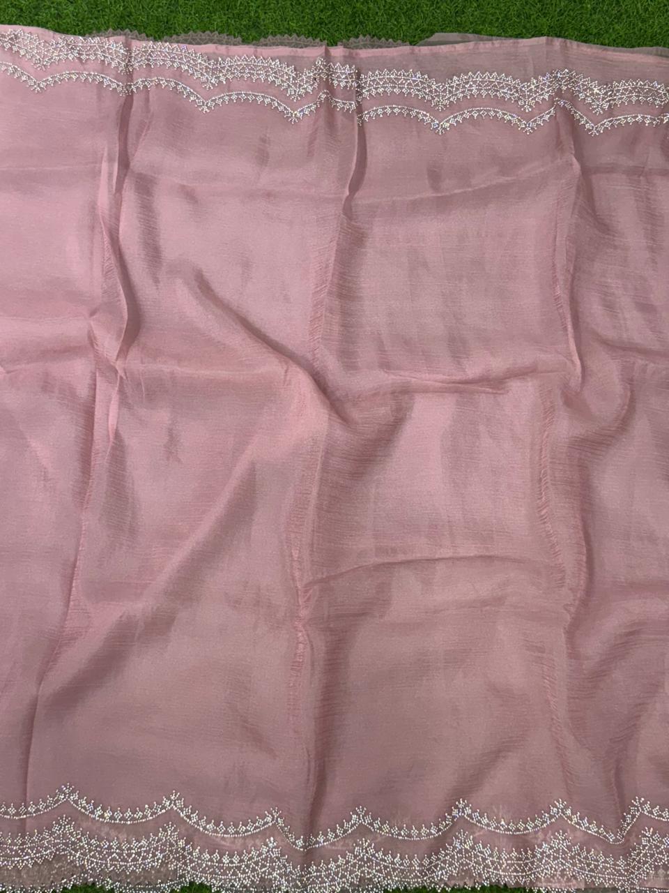 Baby pink crush stone scallop party wear saree