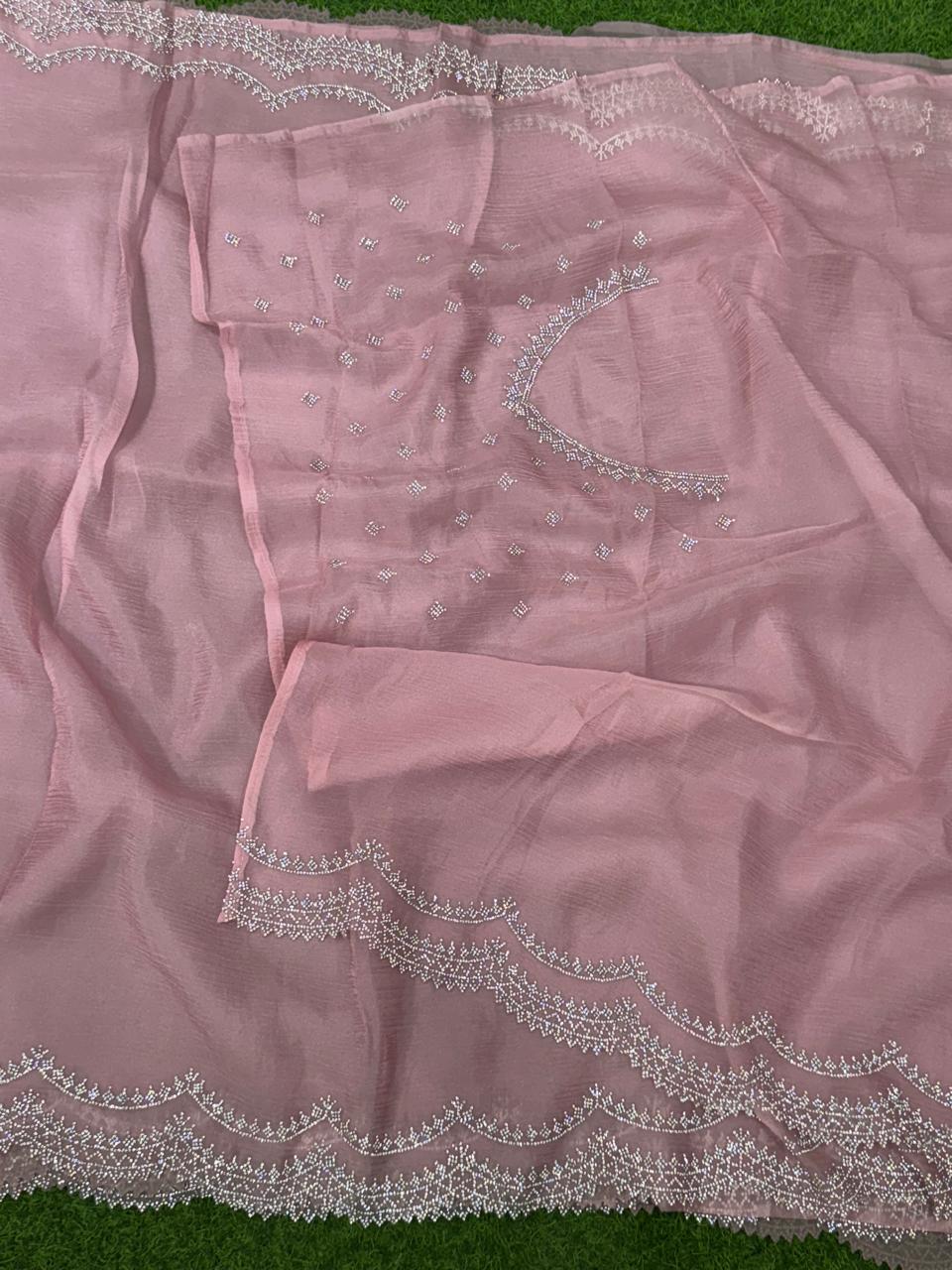 Baby pink crush stone scallop party wear saree