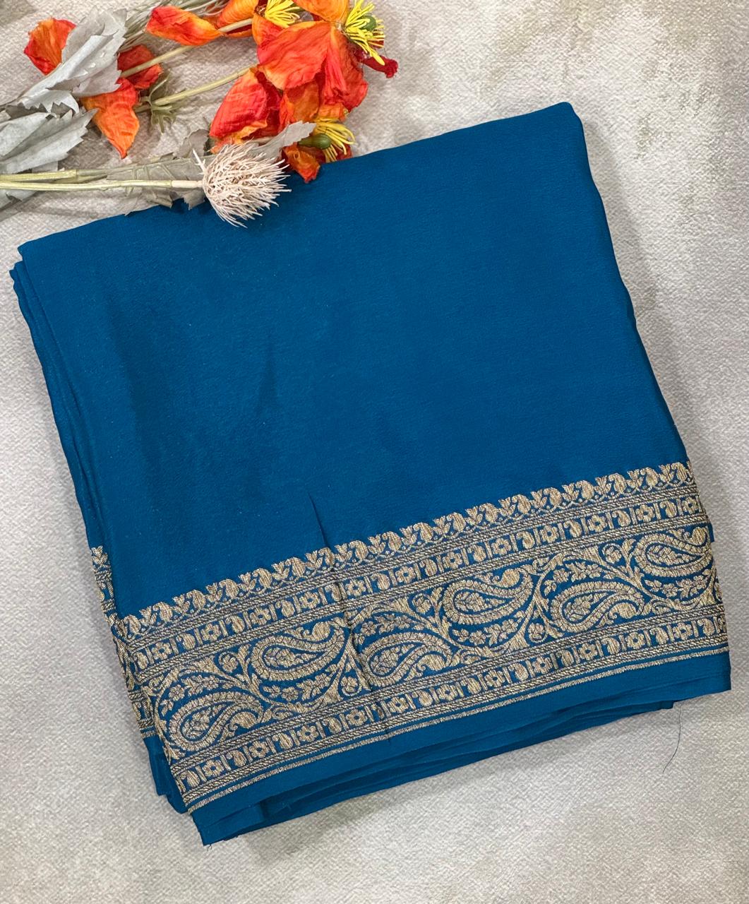 Vidya balan peacock blue plain benaras pure crepe saree
