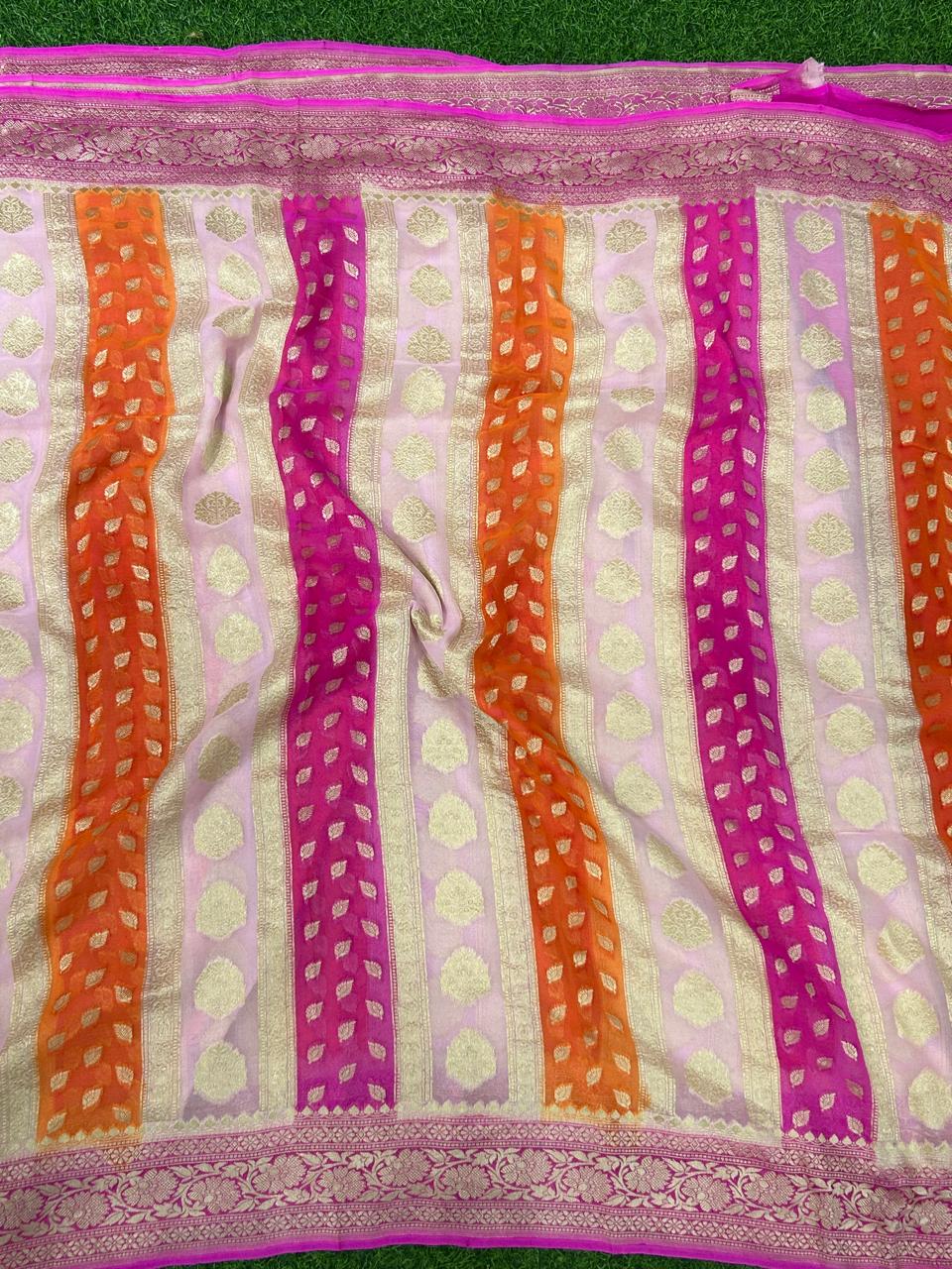 Orange pink rankart pure georgette benaras saree