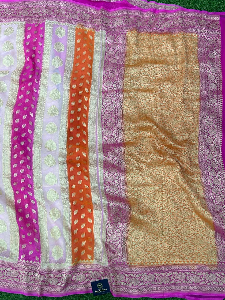 Orange pink rankart pure georgette benaras saree