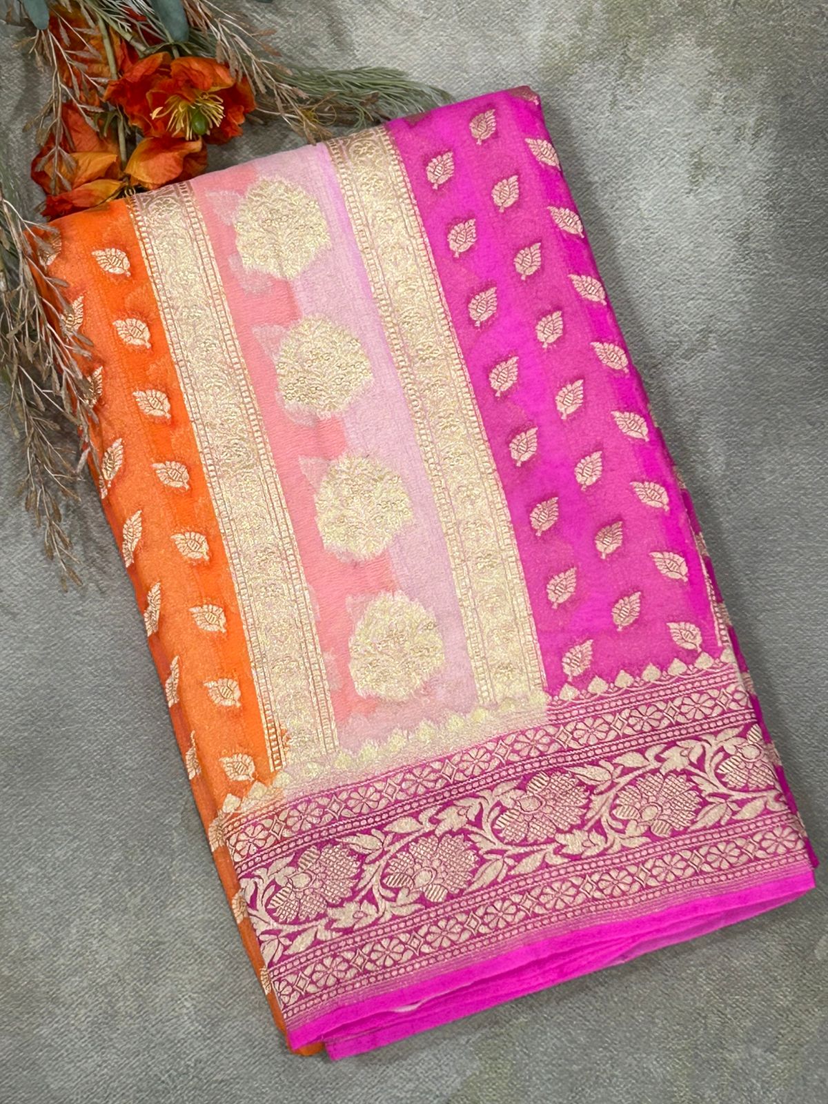 Orange pink rankart pure georgette benaras saree