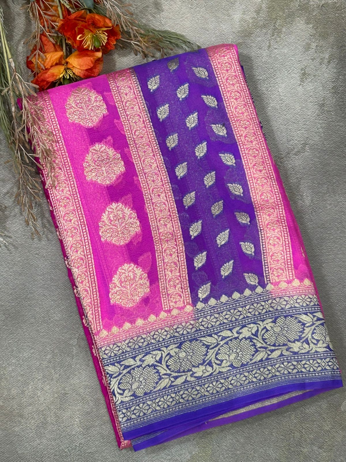 Pink rankart pure georgette benaras saree