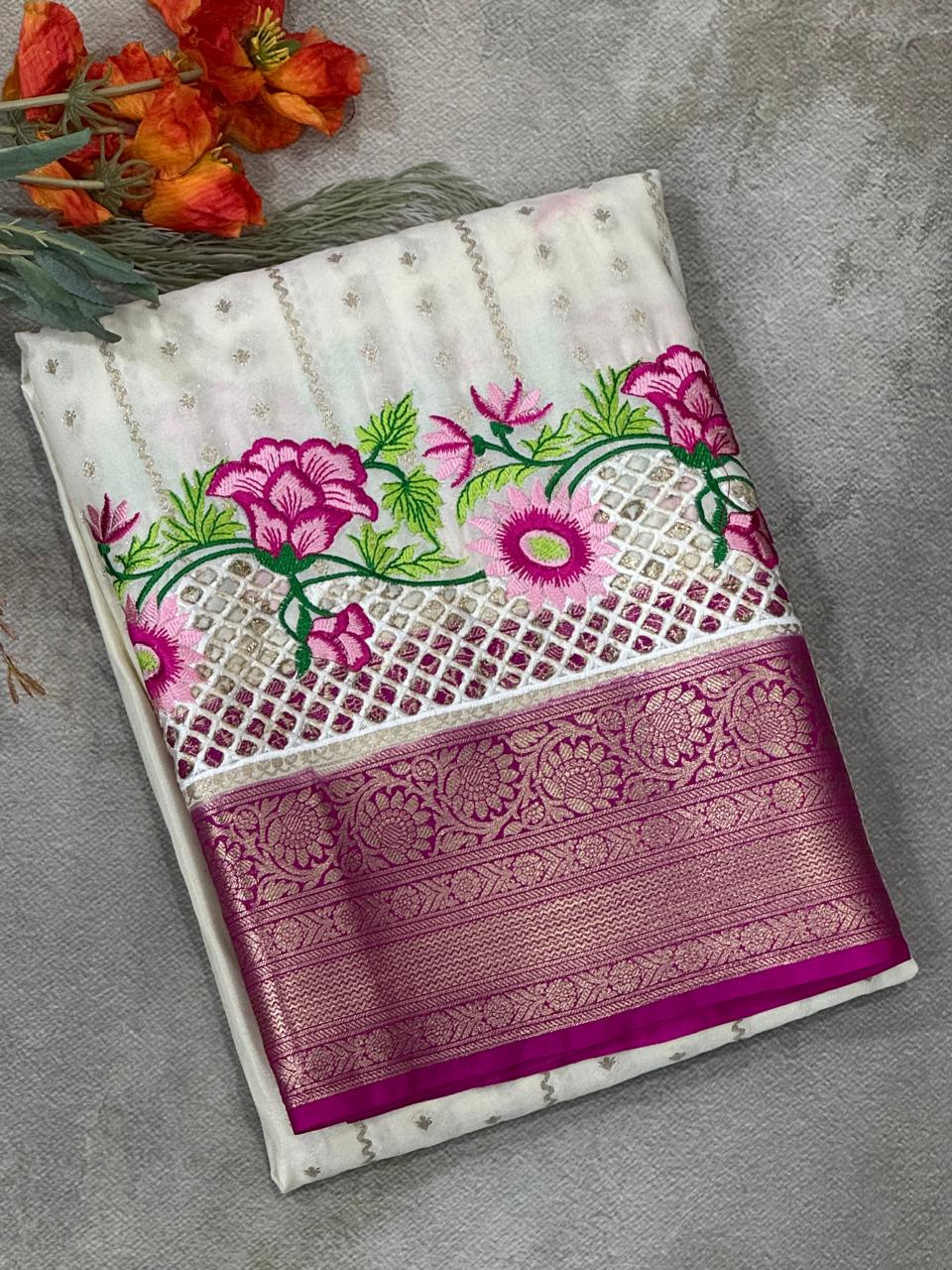 Cream n rani pink-01- cutwork semi mysore crepe silk saree(RR)