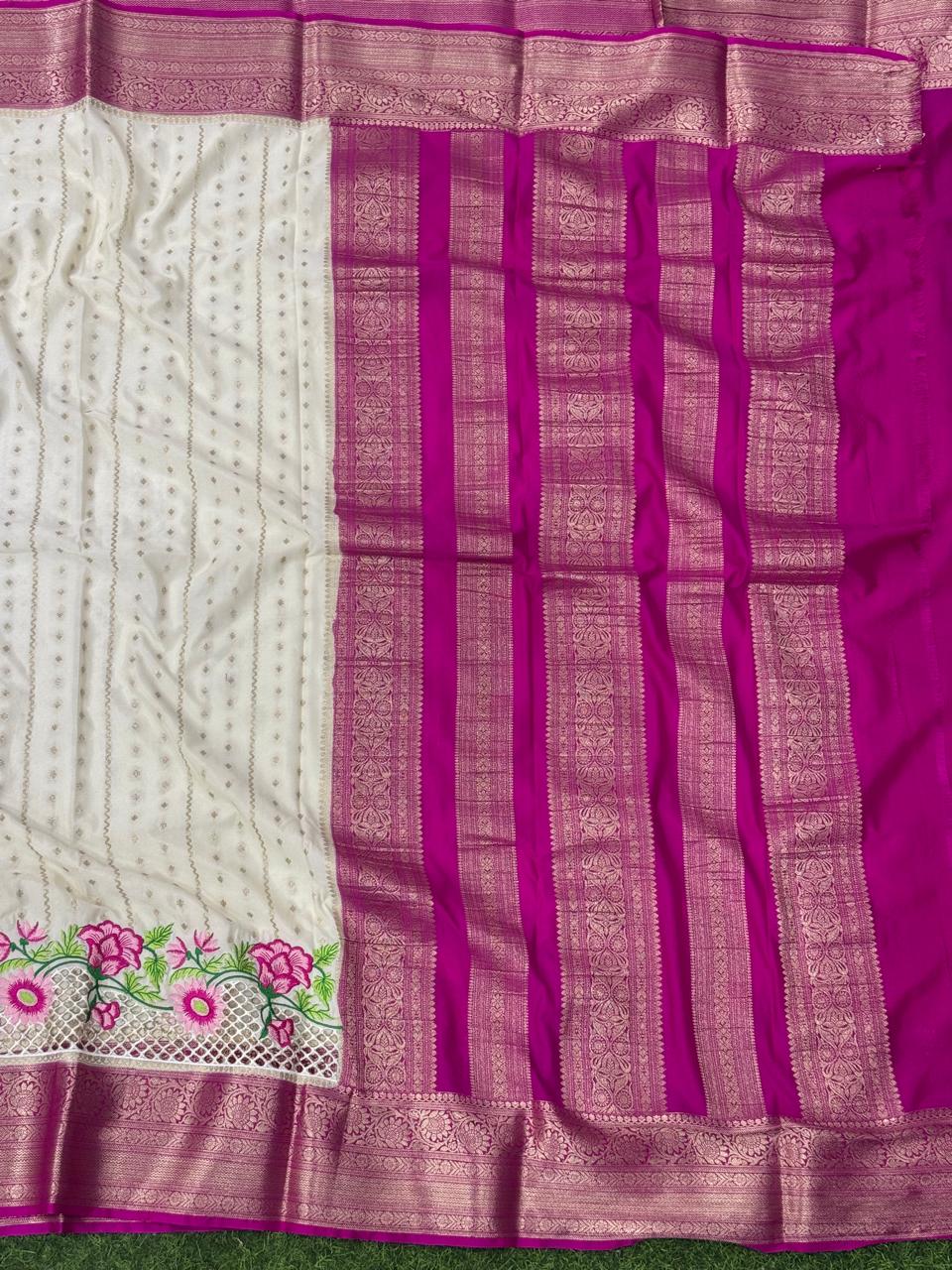 Cream n rani pink-01- cutwork semi mysore crepe silk saree(RR)