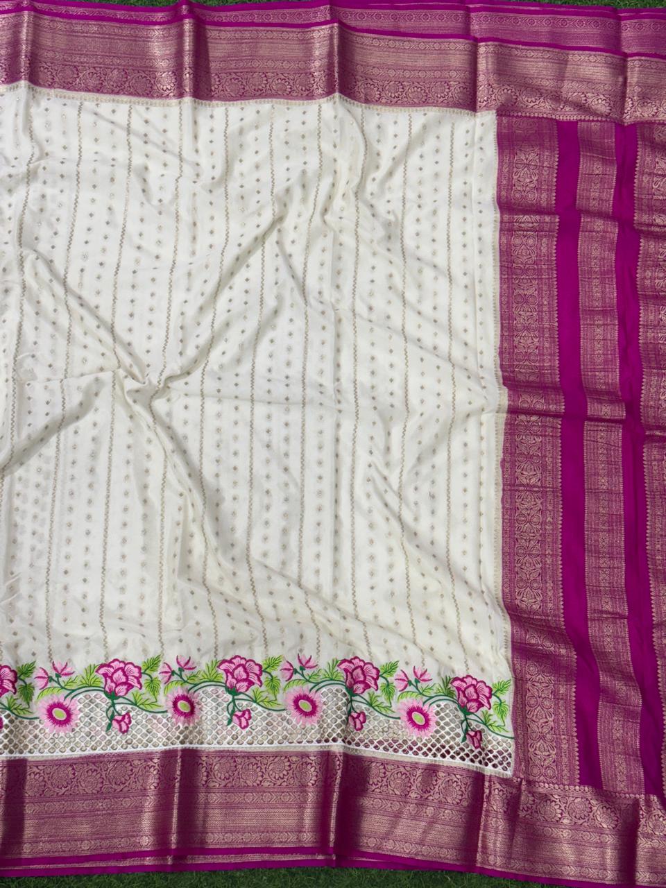 Cream n rani pink-01- cutwork semi mysore crepe silk saree(RR)