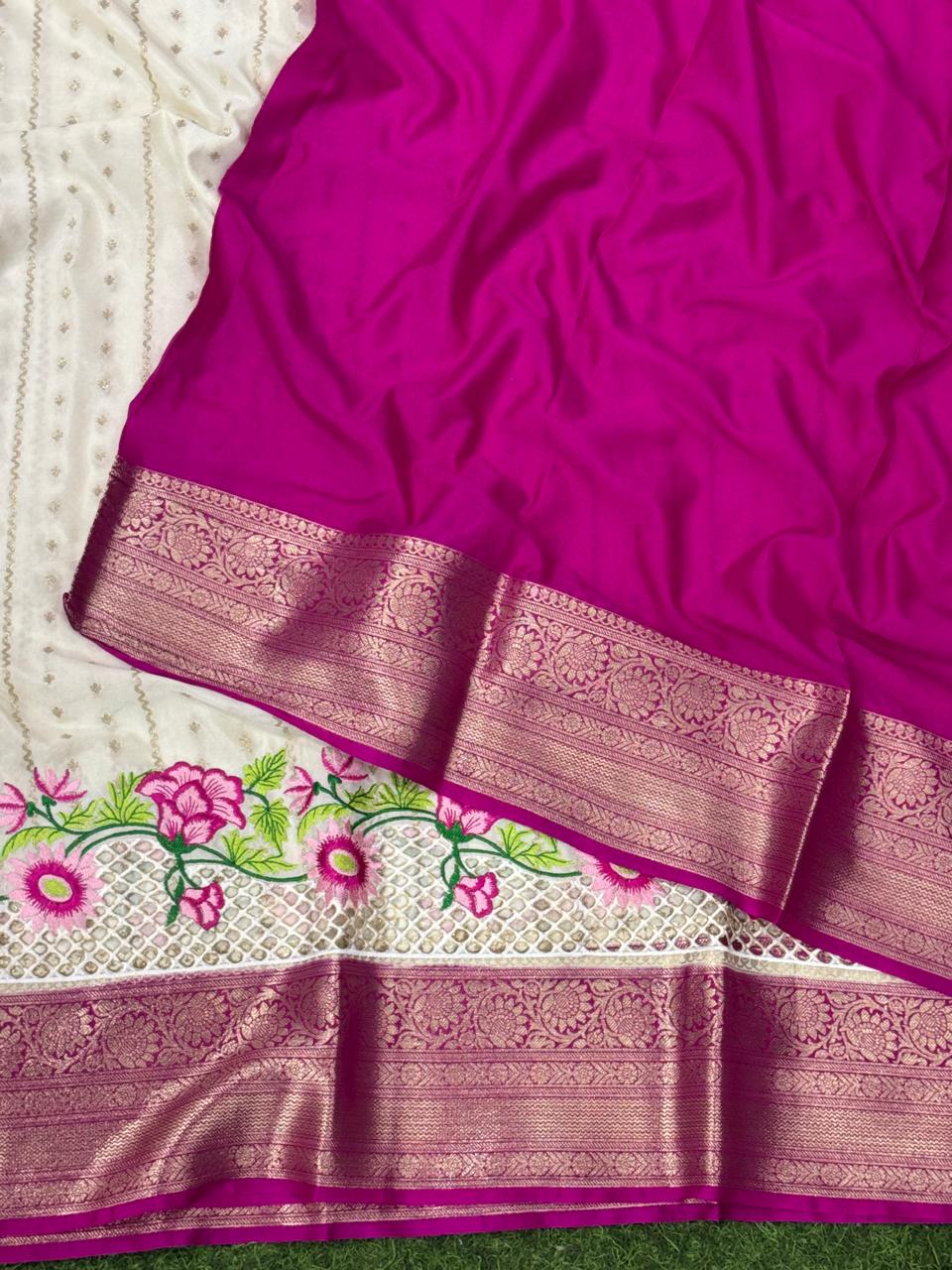 Cream n rani pink-01- cutwork semi mysore crepe silk saree(RR)
