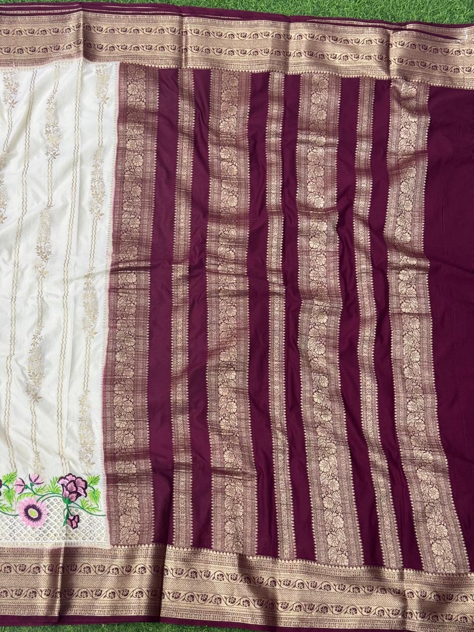 Cream n brown-02- cutwork semi mysore crepe silk saree