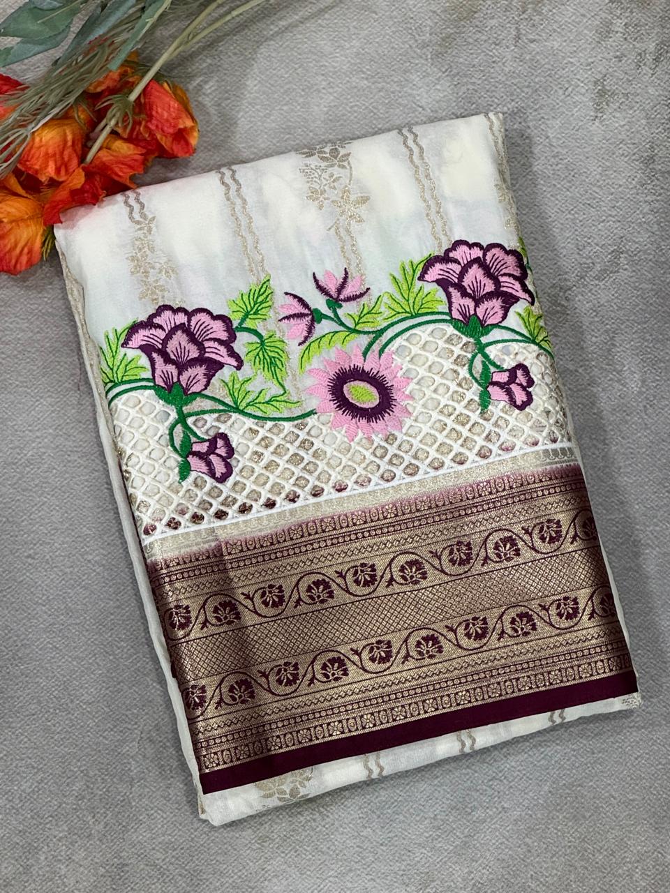 Cream n brown-02- cutwork semi mysore crepe silk saree