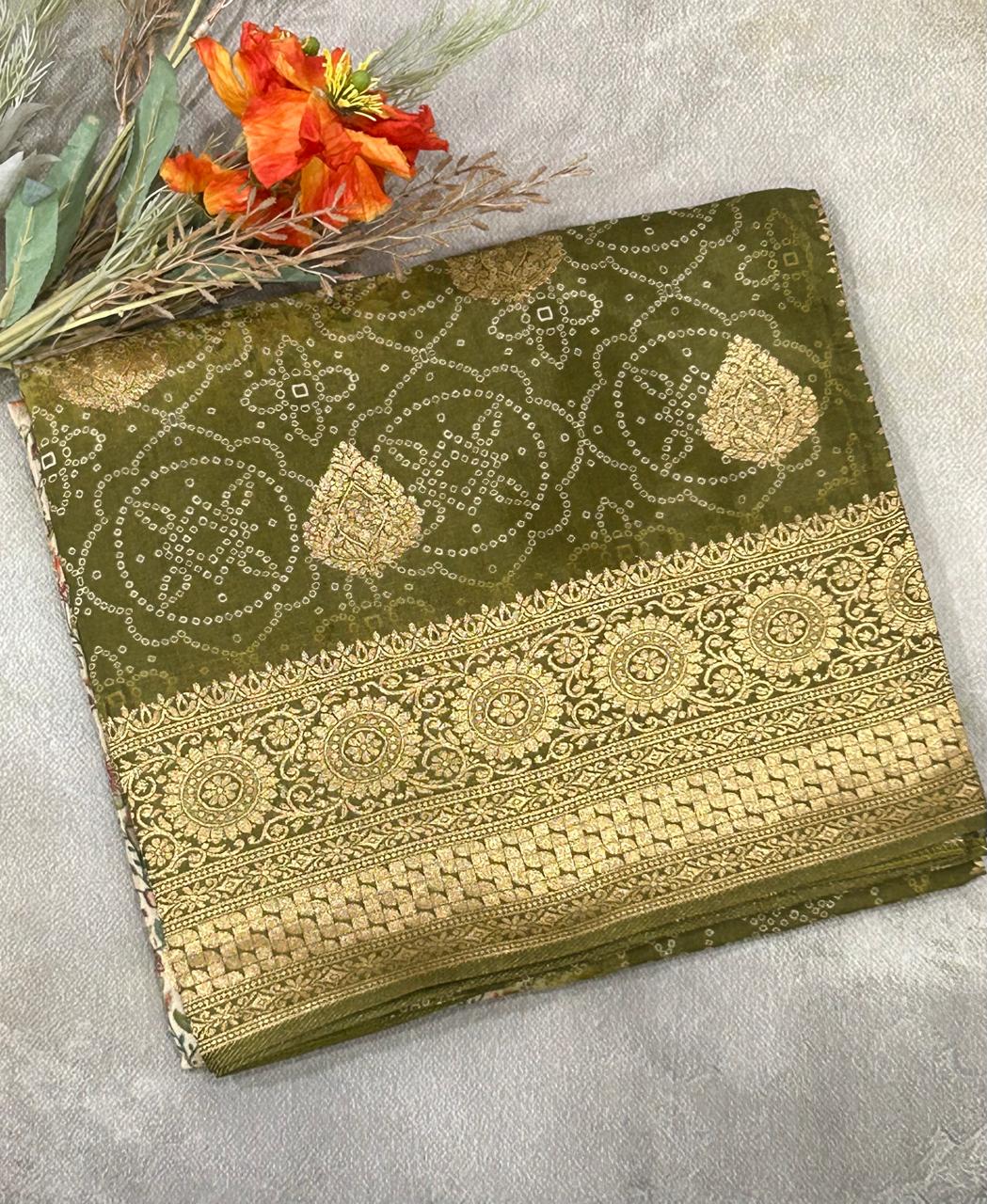 Mehandi green bandini print muslin silk saree