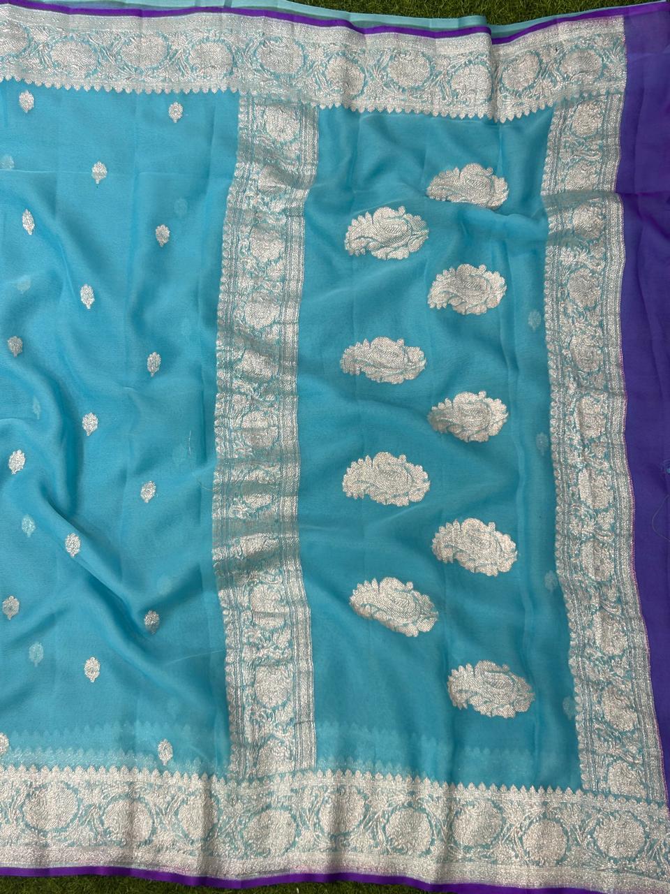 Sky blue benaras pure khadi chiffon saree