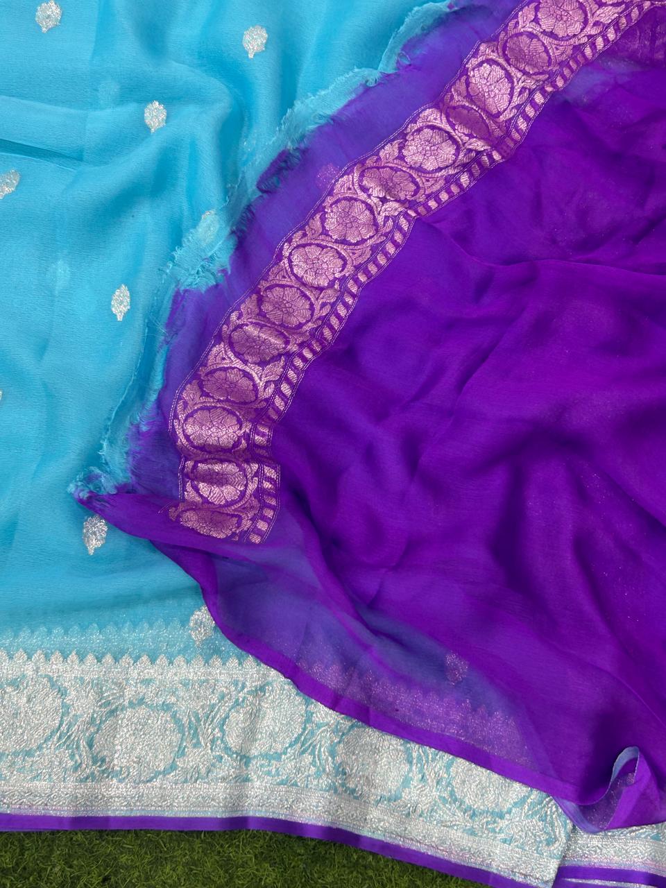 Sky blue benaras pure khadi chiffon saree
