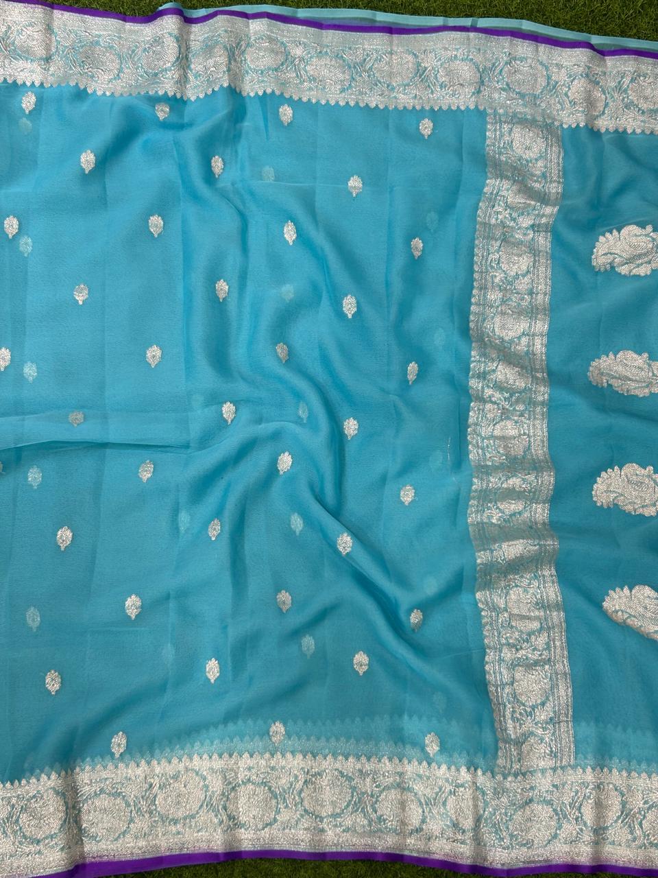 Sky blue benaras pure khadi chiffon saree