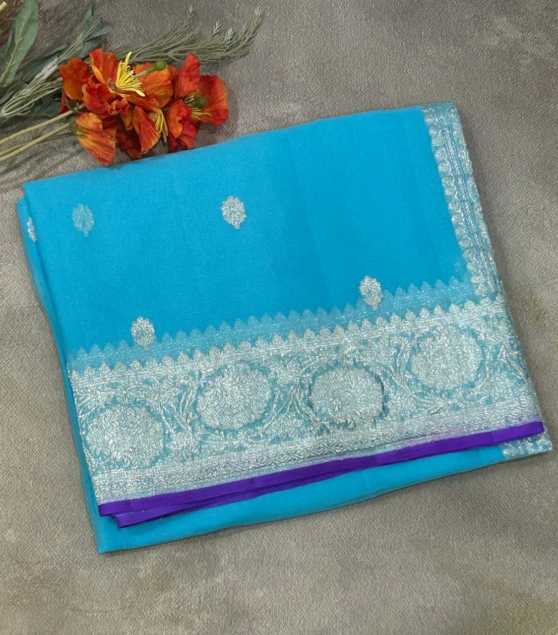 Sky blue benaras pure khadi chiffon saree