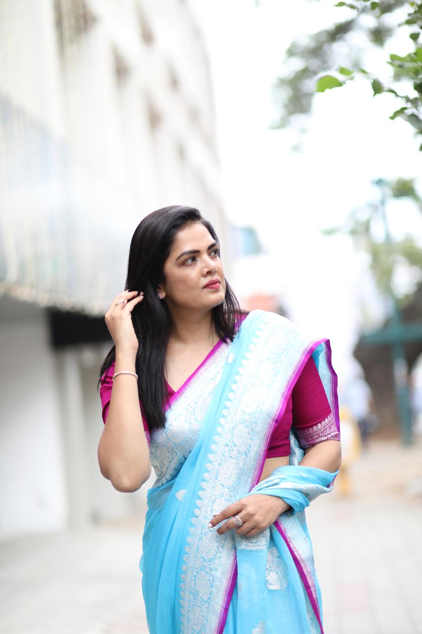 Aqua blue benaras pure khadi chiffon saree