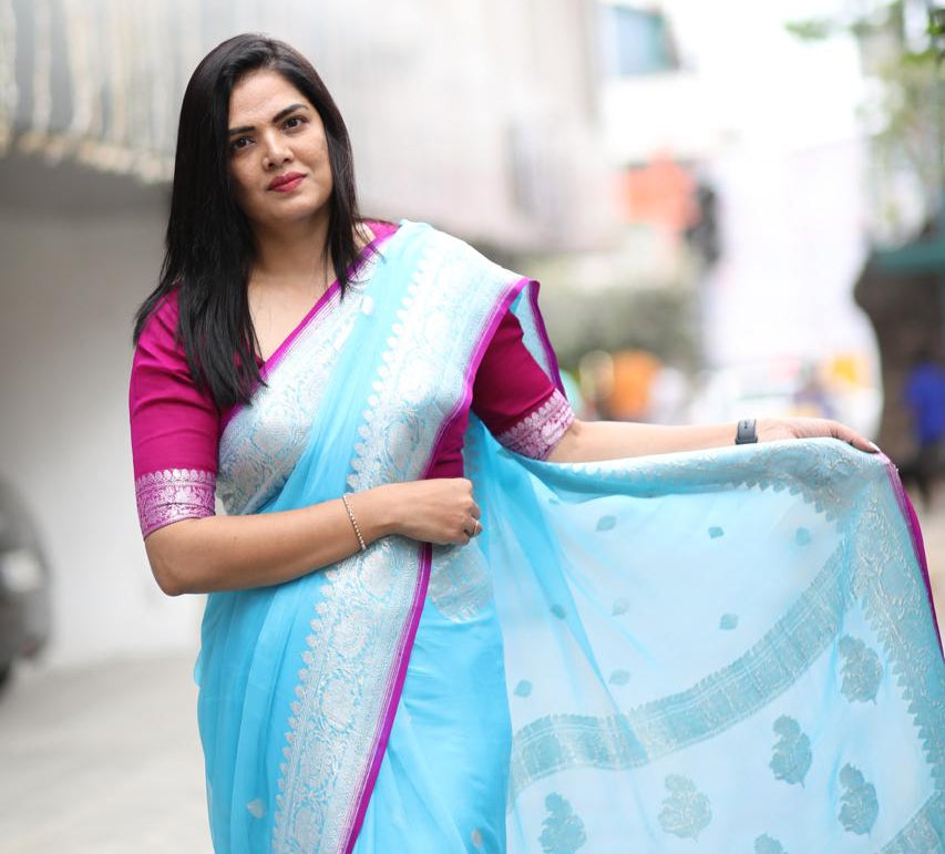Aqua blue benaras pure khadi chiffon saree