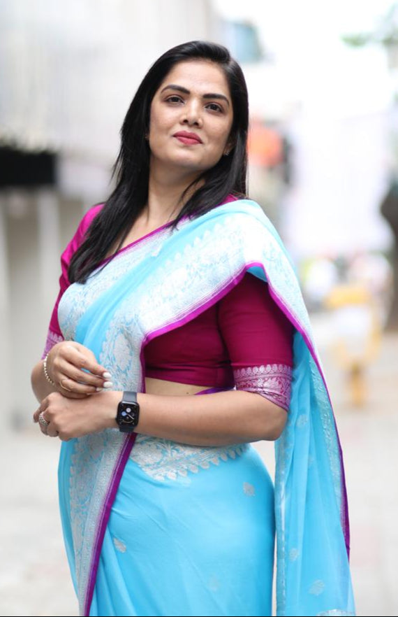 Aqua blue benaras pure khadi chiffon saree