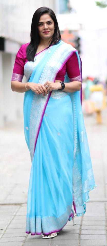 Aqua blue benaras pure khadi chiffon saree