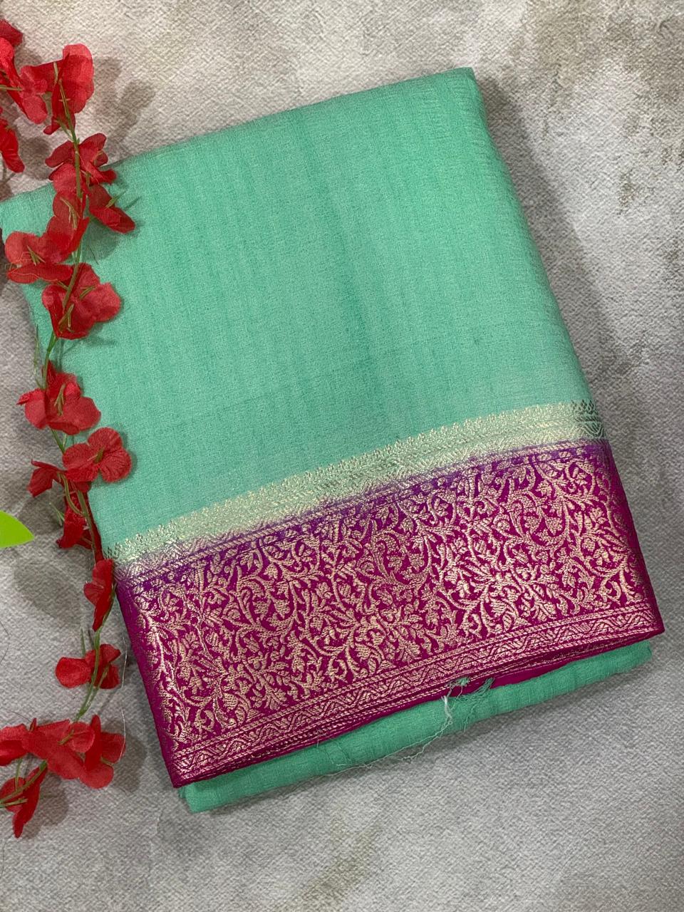 Rama green pink plain-02 semi georgette saree (RR)