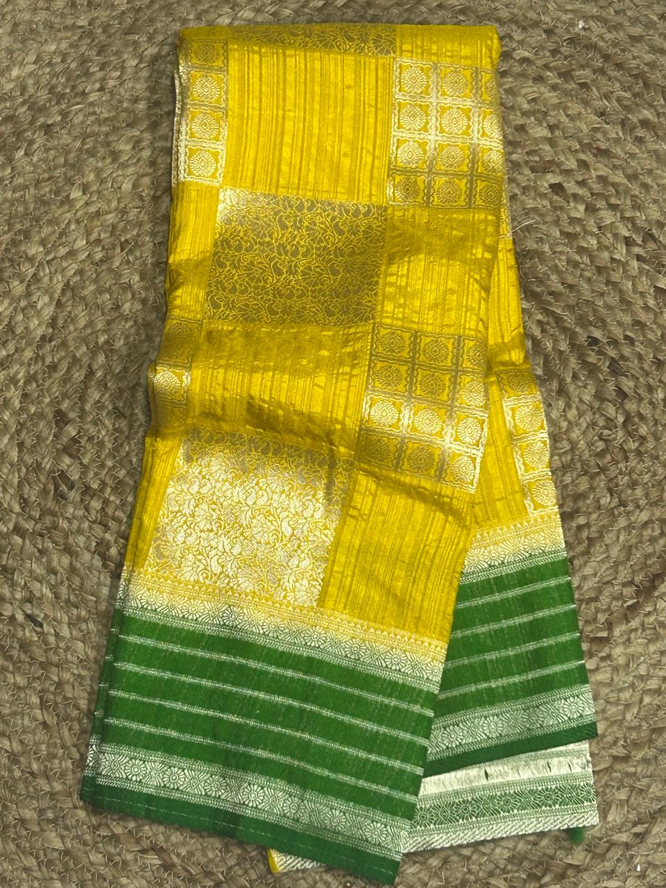 Yellow n green seilver zari semi silk saree