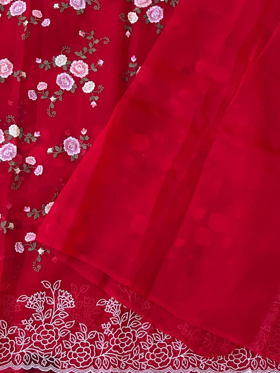 Red embroidery pure organza saree