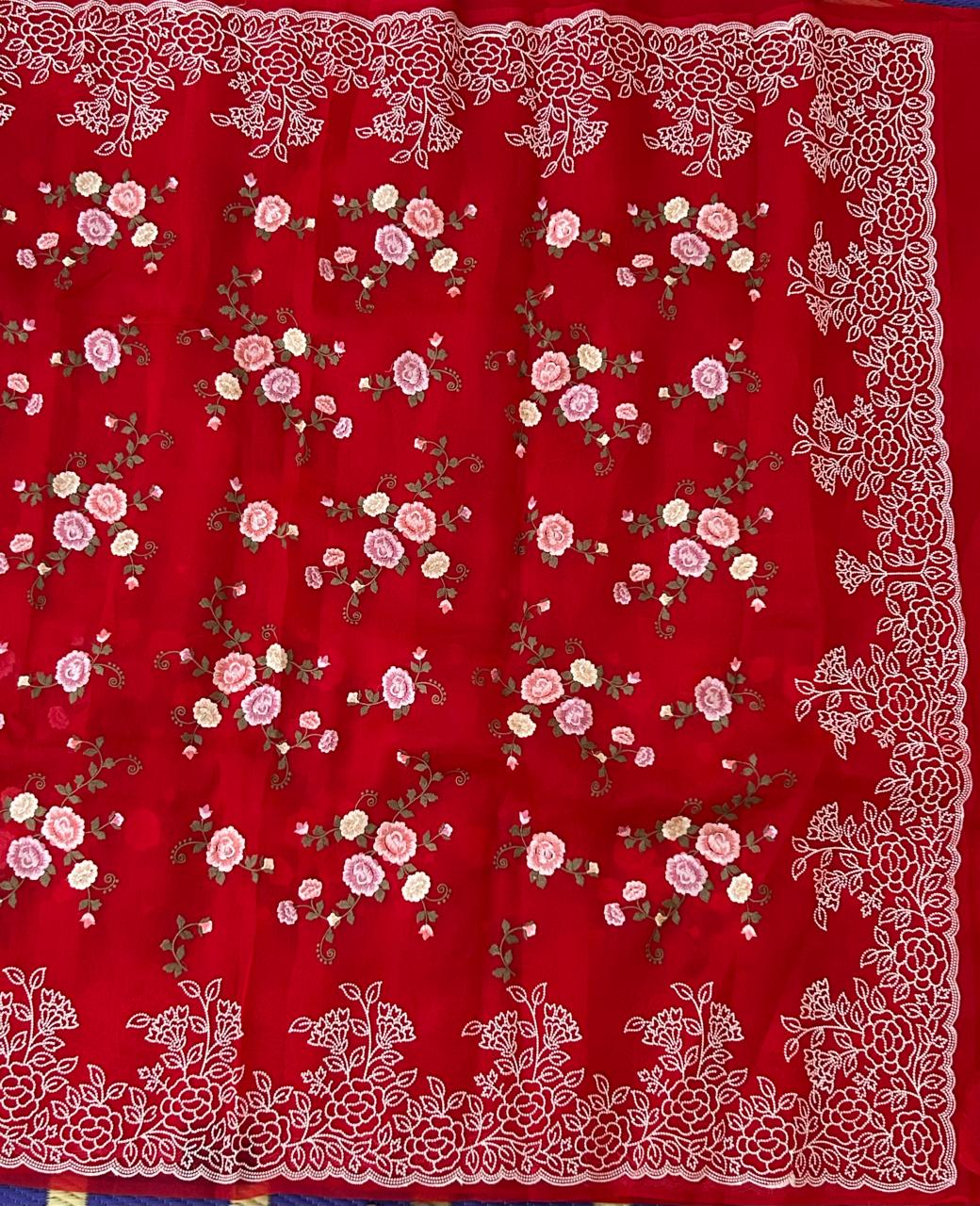 Red embroidery pure organza saree