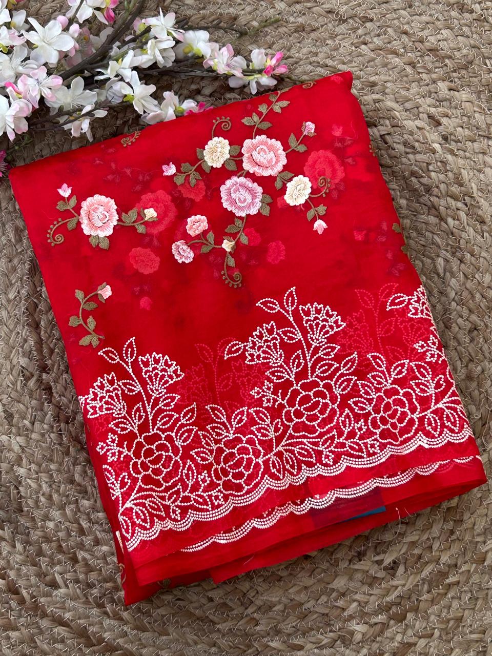 Red embroidery pure organza saree