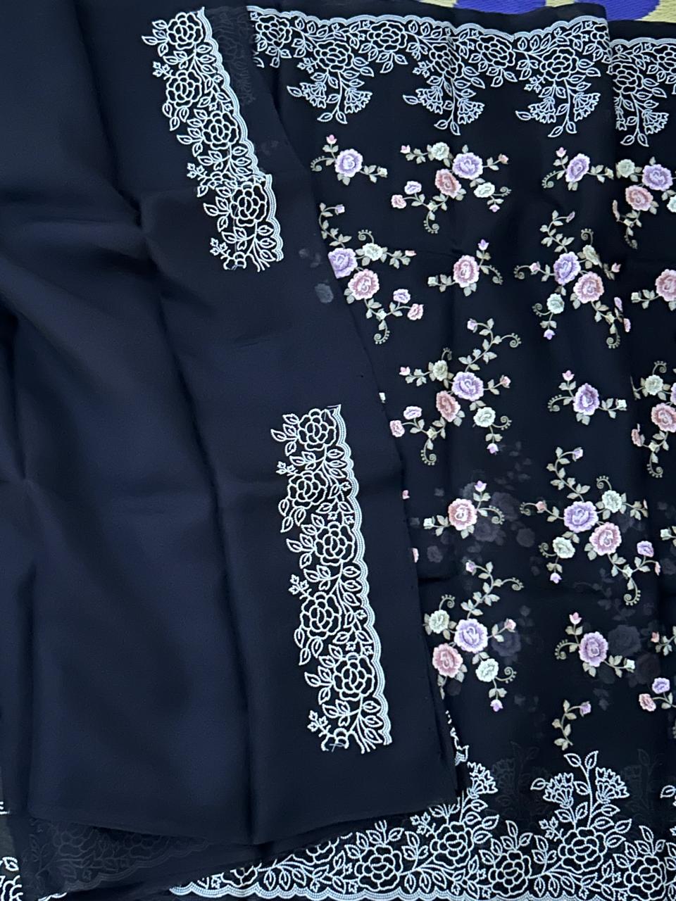 Black meena thread embroidery work pure organza saree