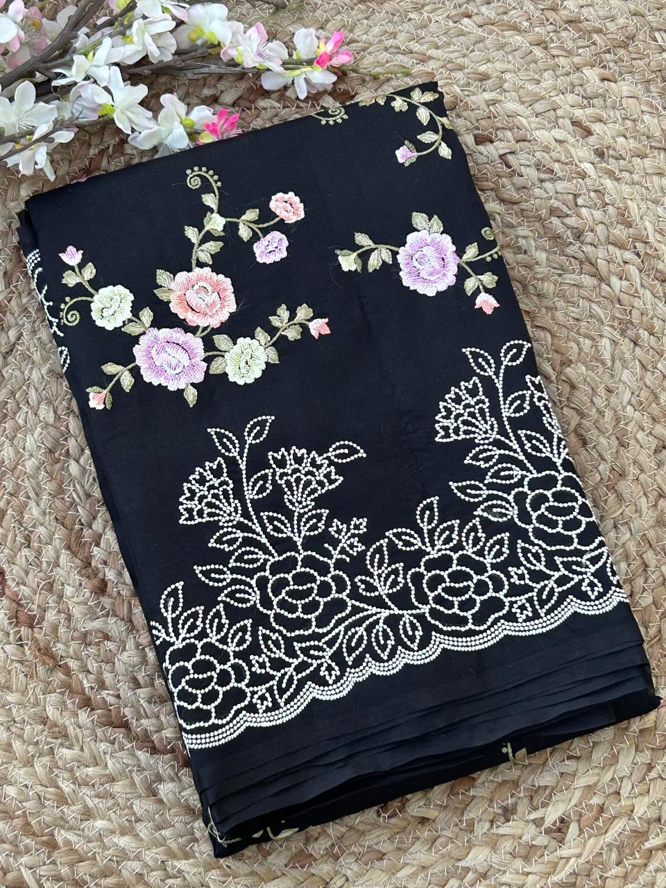 Black meena thread embroidery work pure organza saree