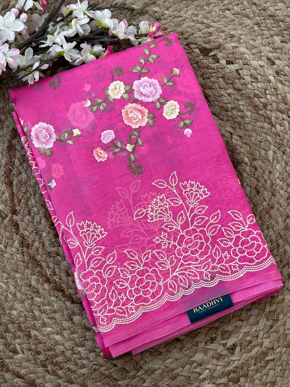 Pink Premium Pure Organza Allover Embroidery work-09 Saree