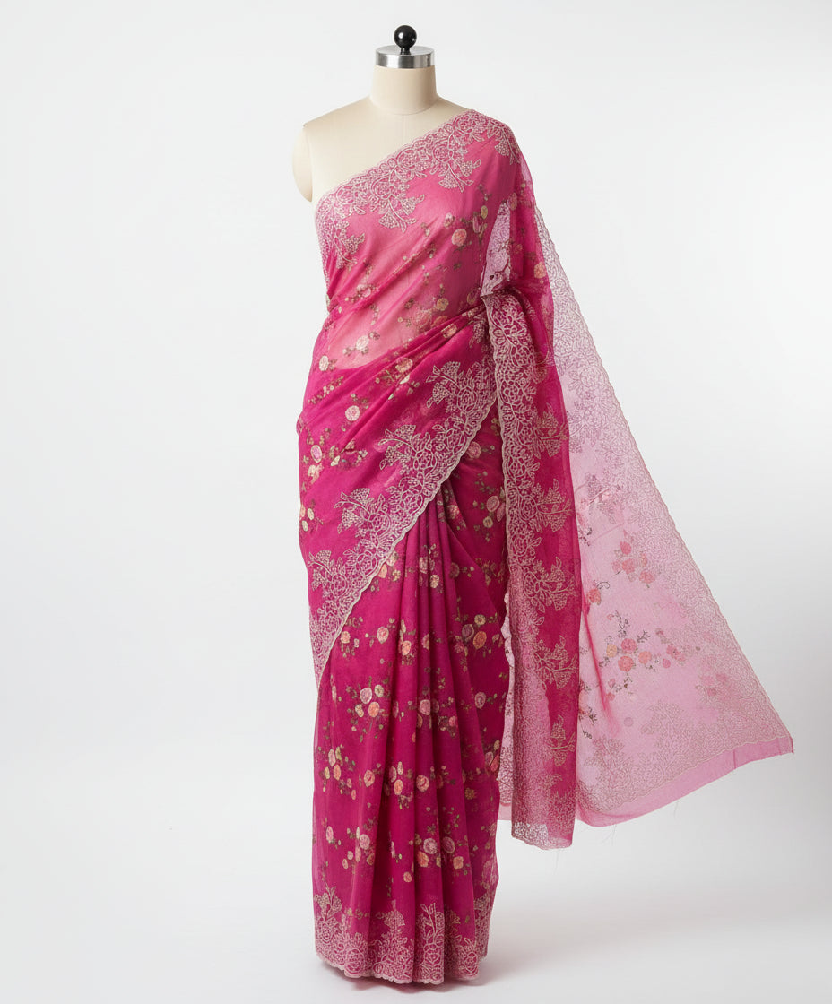 Pink Premium Pure Organza Allover Embroidery work-09 Saree
