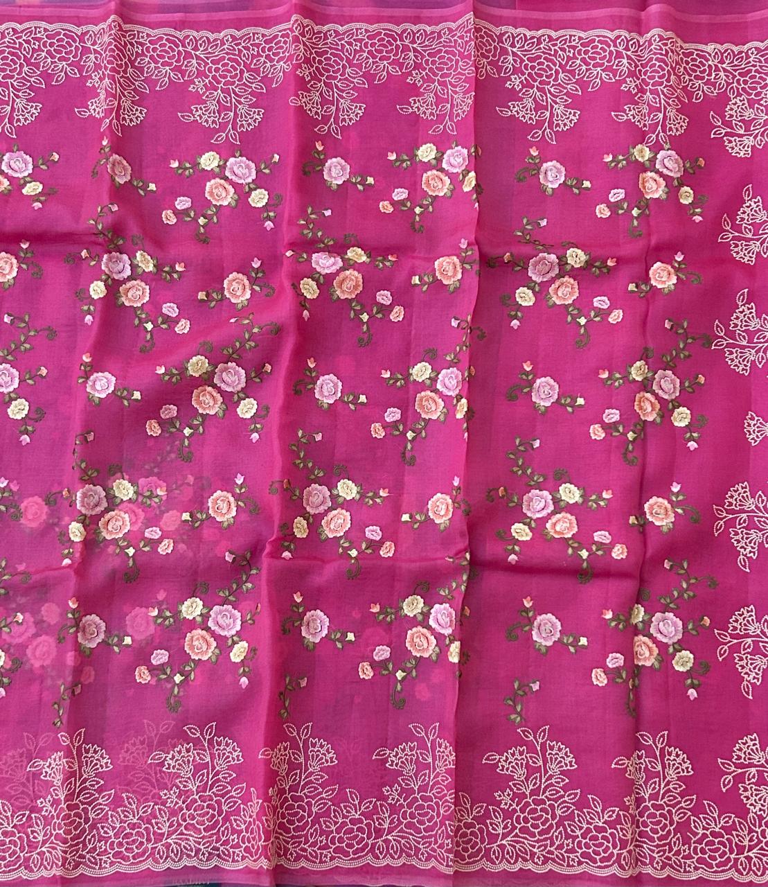 Pink Premium Pure Organza Allover Embroidery work-09 Saree