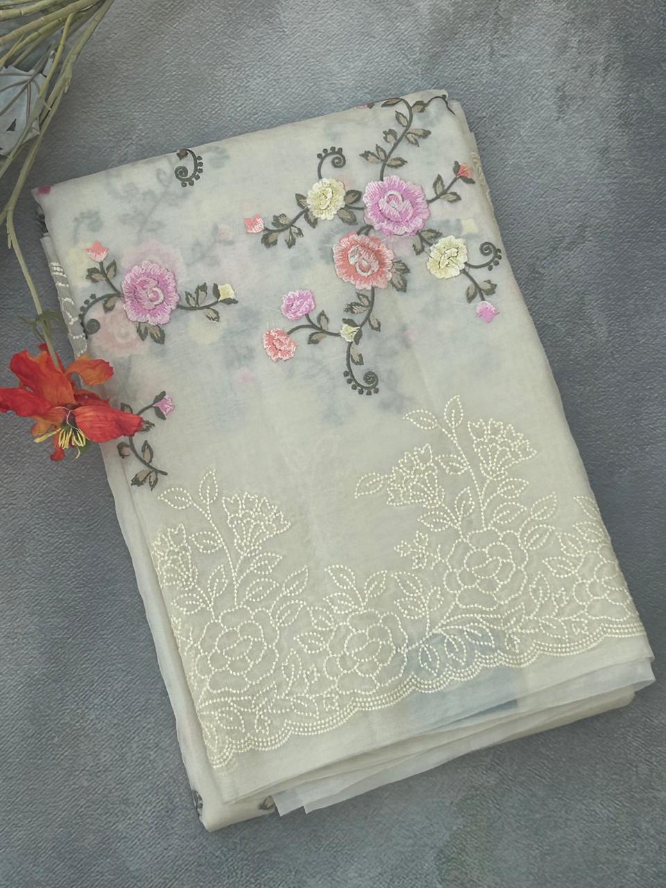 Cream Premium Pure Organza Allover Embroidery work-09 Saree