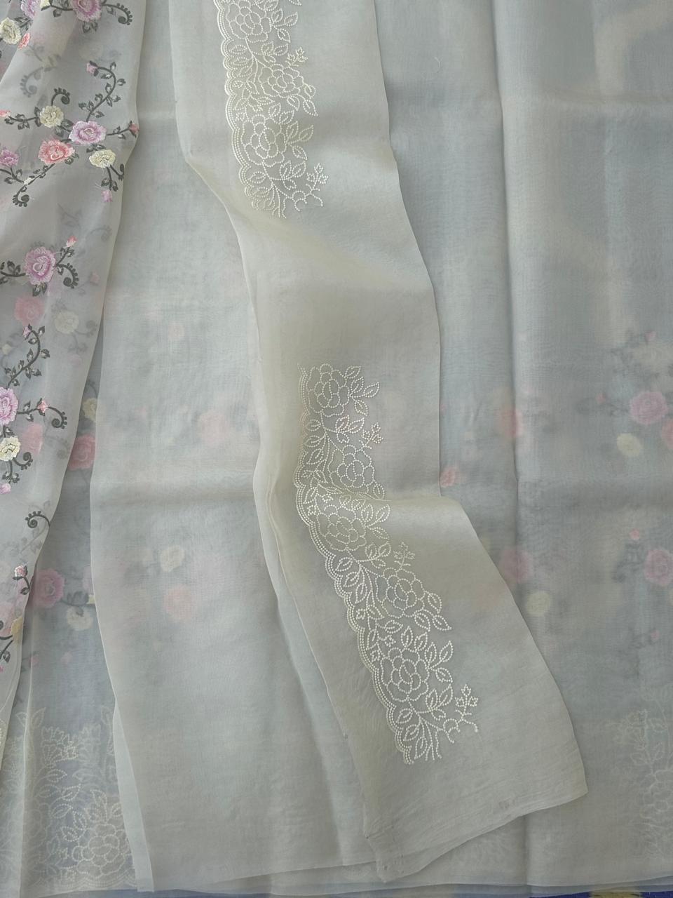 Cream Premium Pure Organza Allover Embroidery work-09 Saree