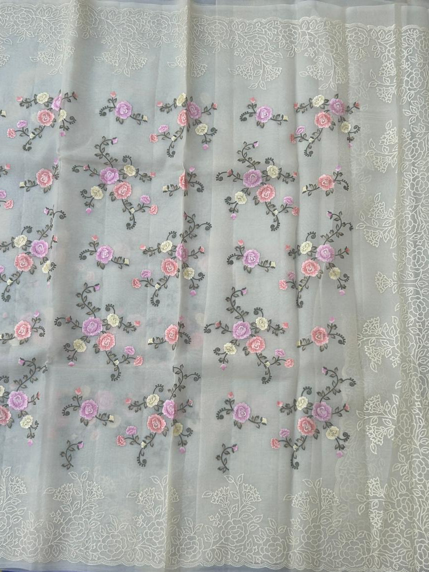 Cream Premium Pure Organza Allover Embroidery work-09 Saree