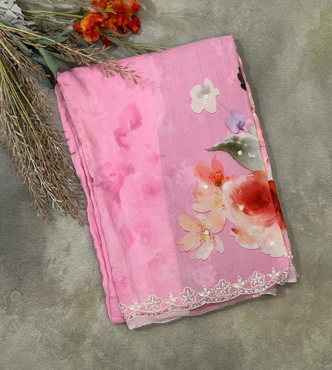 Baby pink handwork printed pure crepe party wear saree