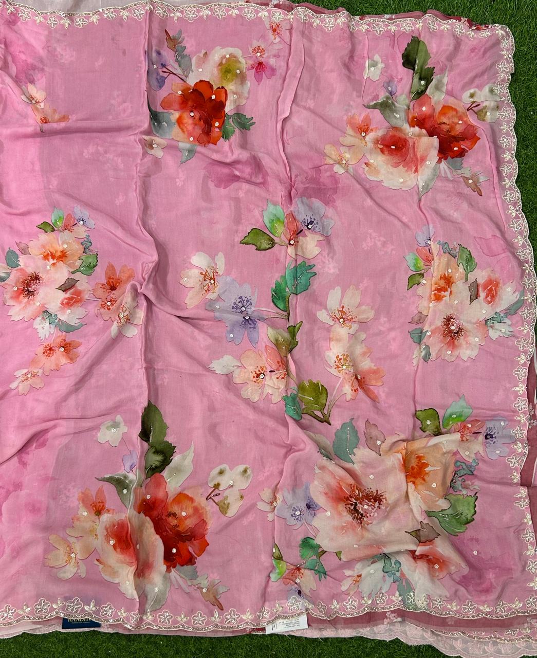 Baby pink handwork printed pure crepe party wear saree