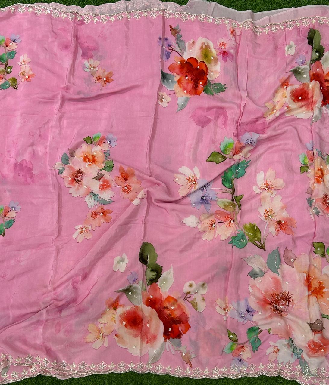 Baby pink handwork printed pure crepe party wear saree