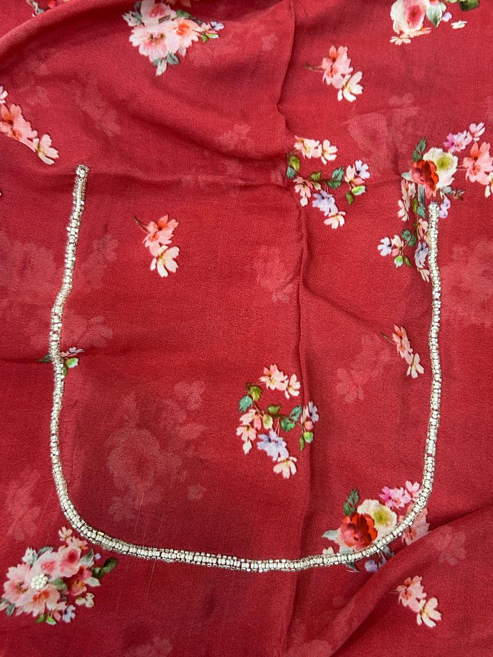 Baby pink handwork printed pure crepe party wear saree