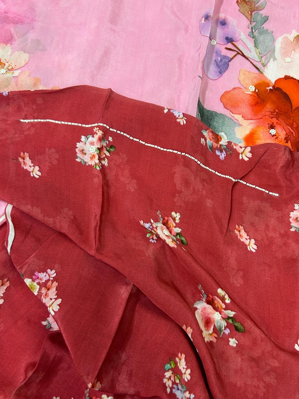 Baby pink handwork printed pure crepe party wear saree