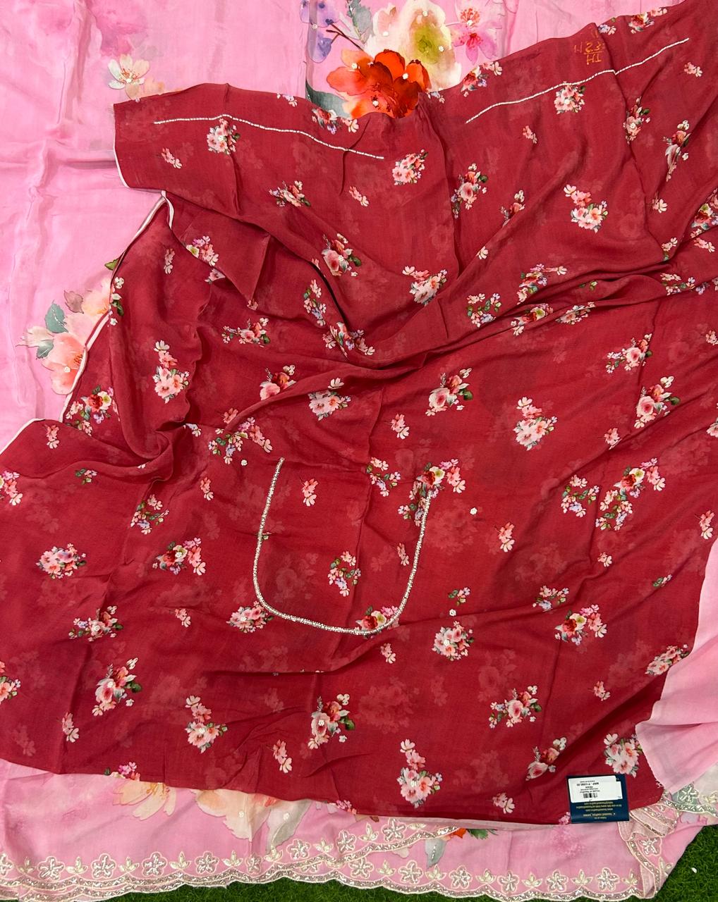 Baby pink handwork printed pure crepe party wear saree