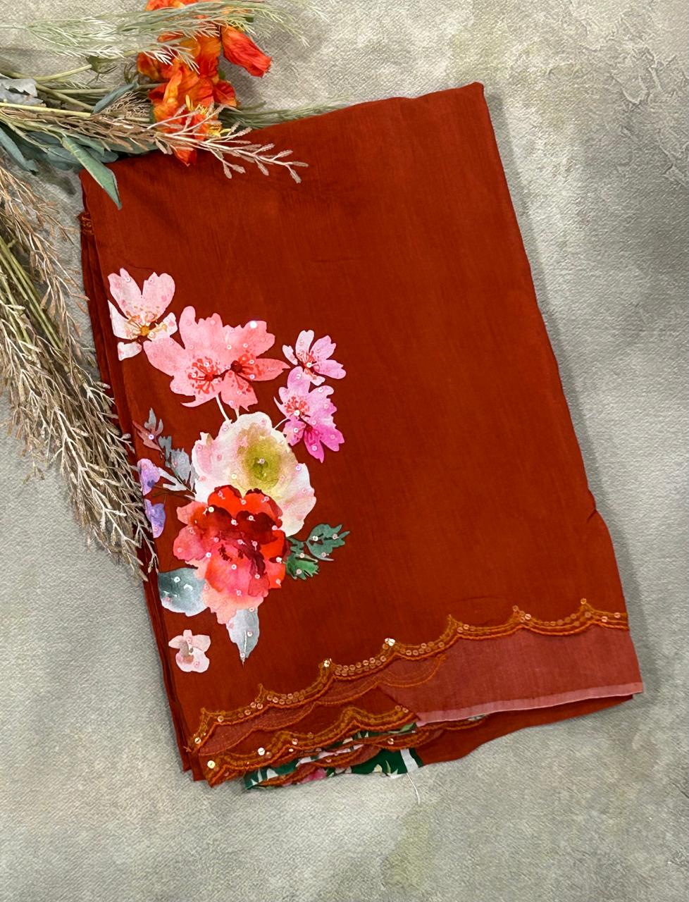 Brick red sequins work scallop border printed pure crepe party wear saree