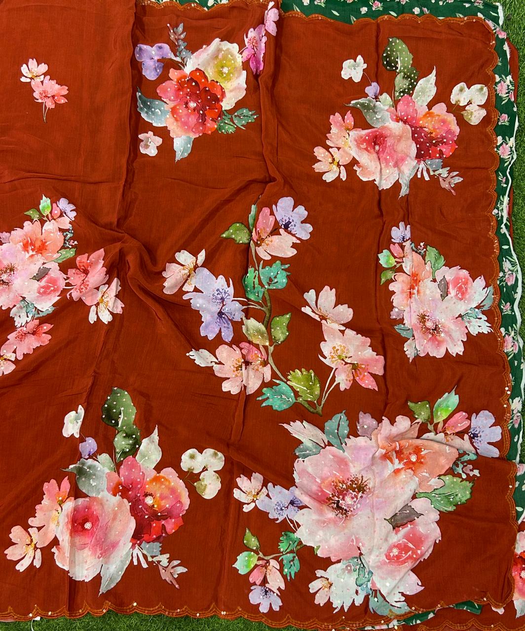 Brick red sequins work scallop border printed pure crepe party wear saree