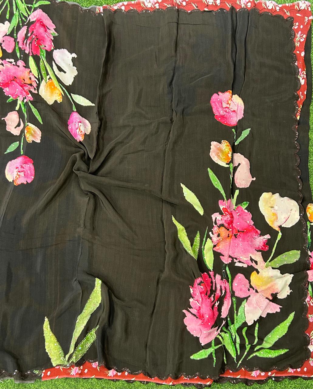 Snuf sequins work scallop border printed pure crepe party wear saree