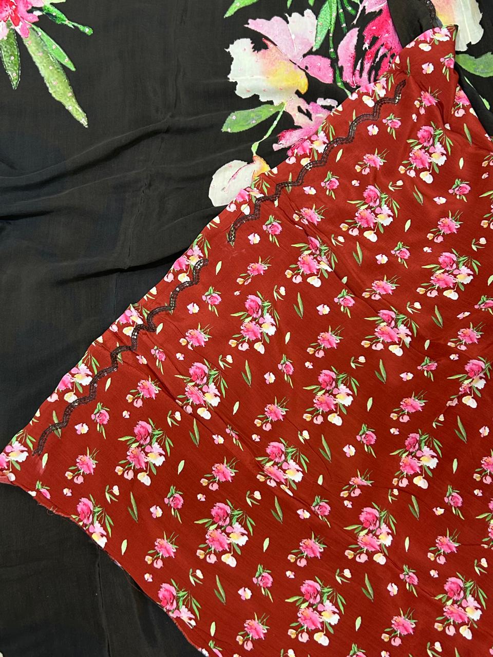 Snuf sequins work scallop border printed pure crepe party wear saree