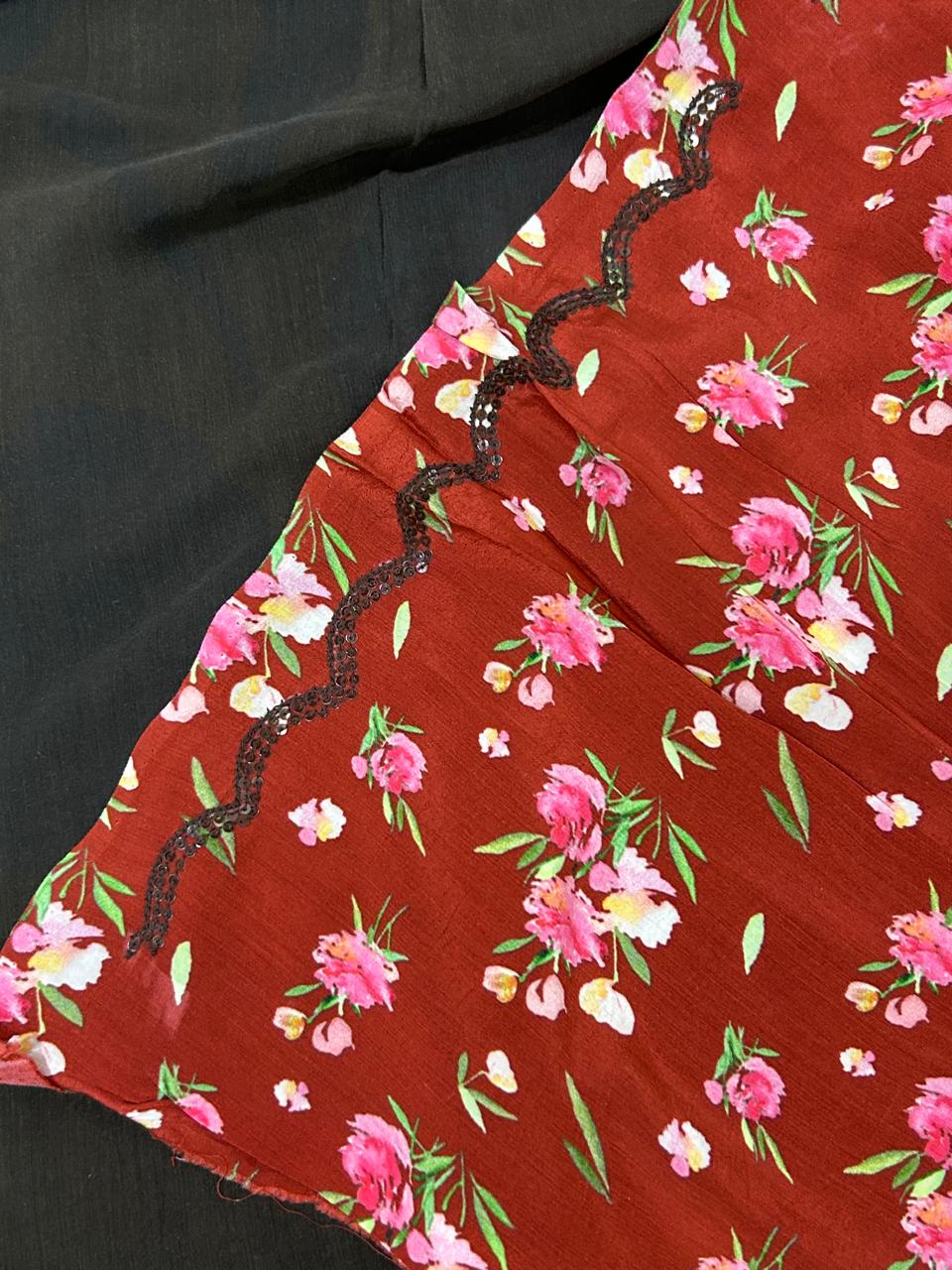 Snuf sequins work scallop border printed pure crepe party wear saree