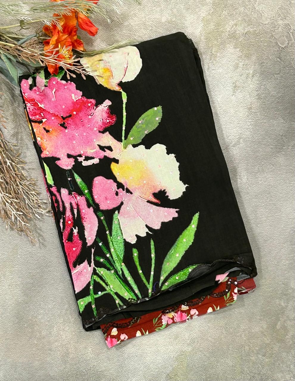 Snuf sequins work scallop border printed pure crepe party wear saree