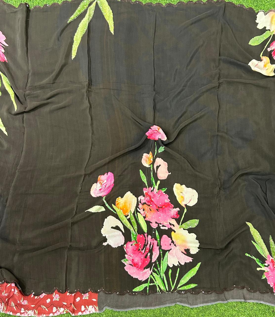 Snuf sequins work scallop border printed pure crepe party wear saree